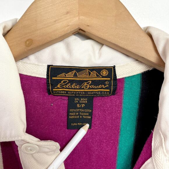 Vintage 90s Eddie Bauer Striped Rugby Shirt Small Preppy Retro Sport Academia - Picture 4 of 7